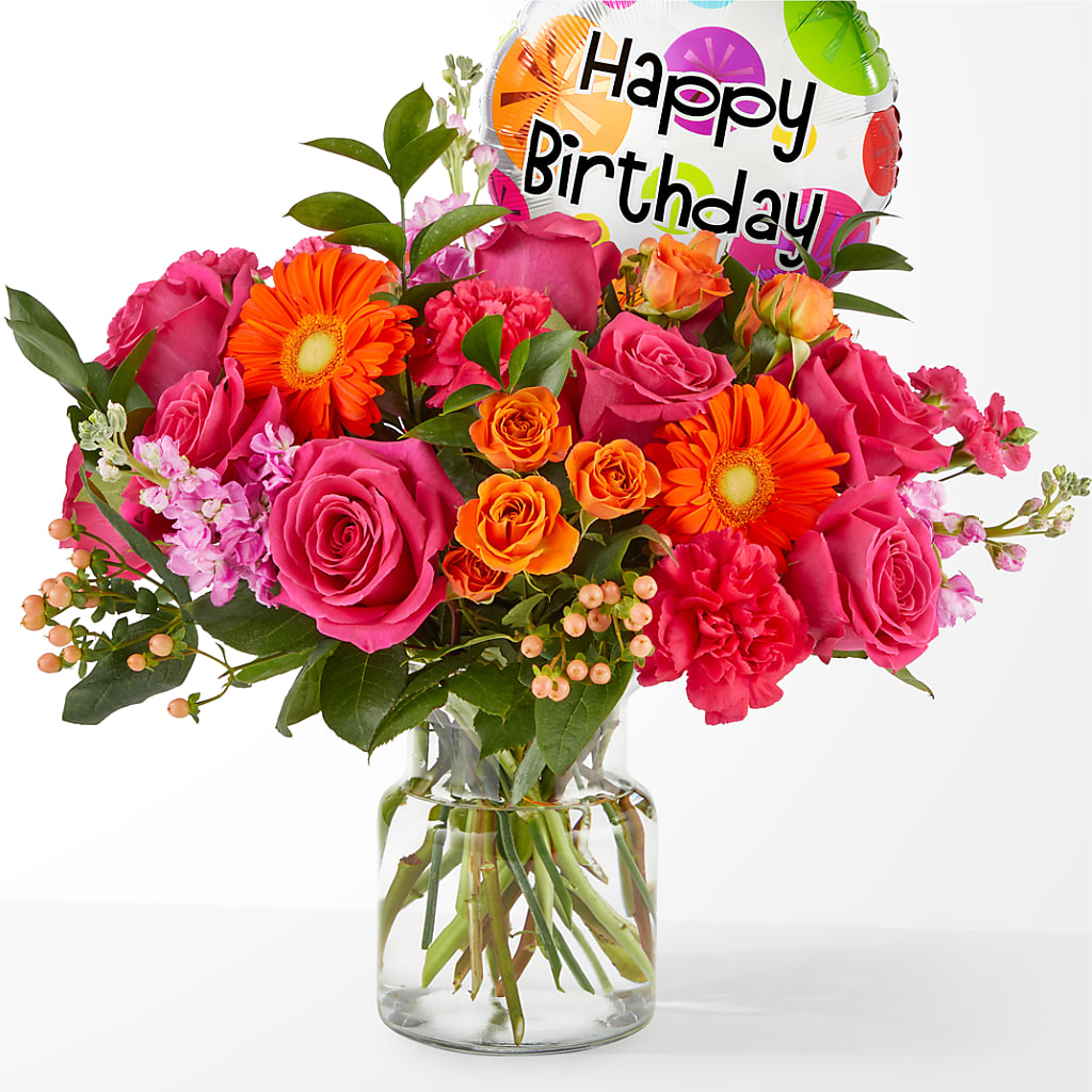 Fiesta Bouquet with Birthday Balloon – KEITH'S FLOWER SHOP, Mount Gilead OH