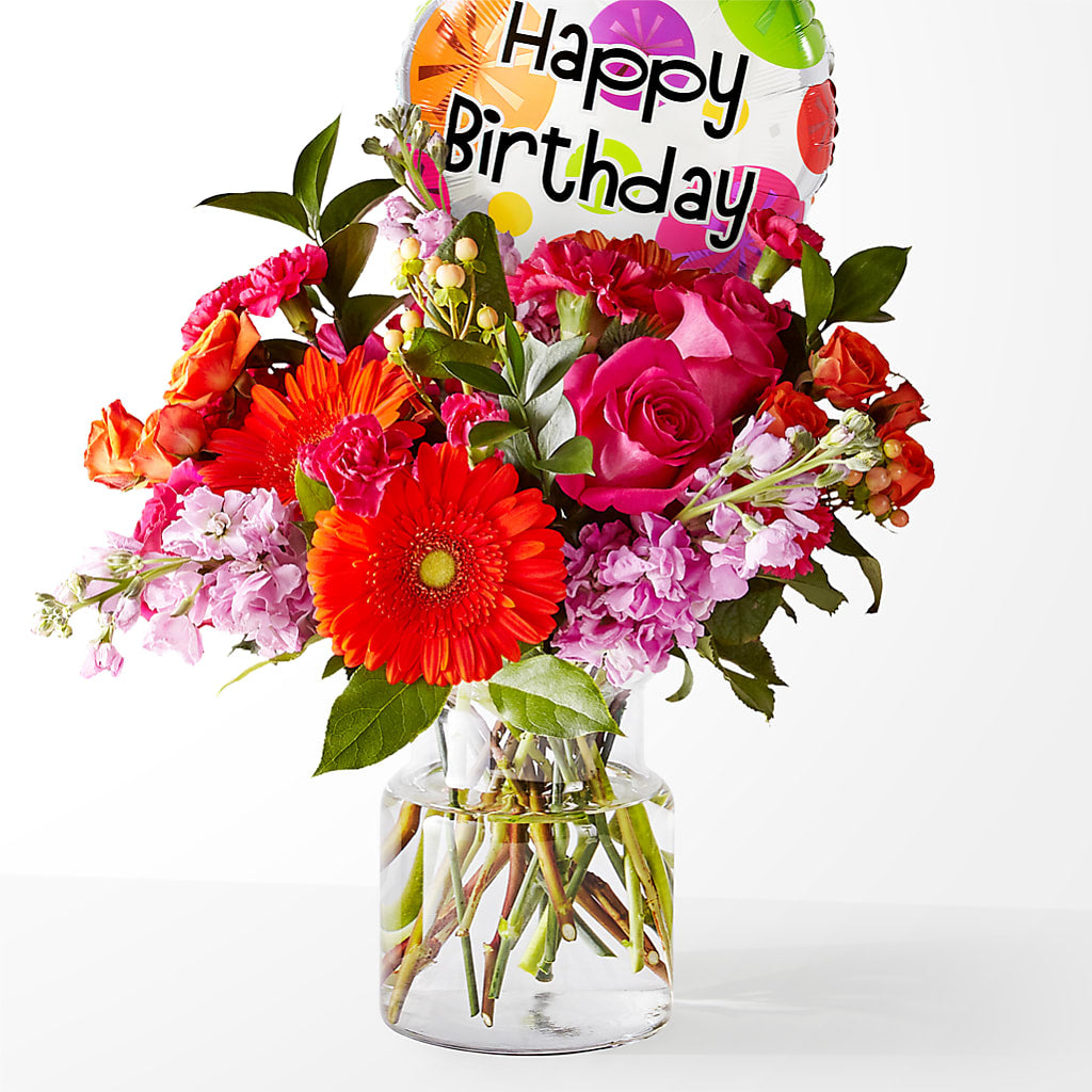 Fiesta Bouquet with Birthday Balloon – KEITH'S FLOWER SHOP, Mount Gilead OH