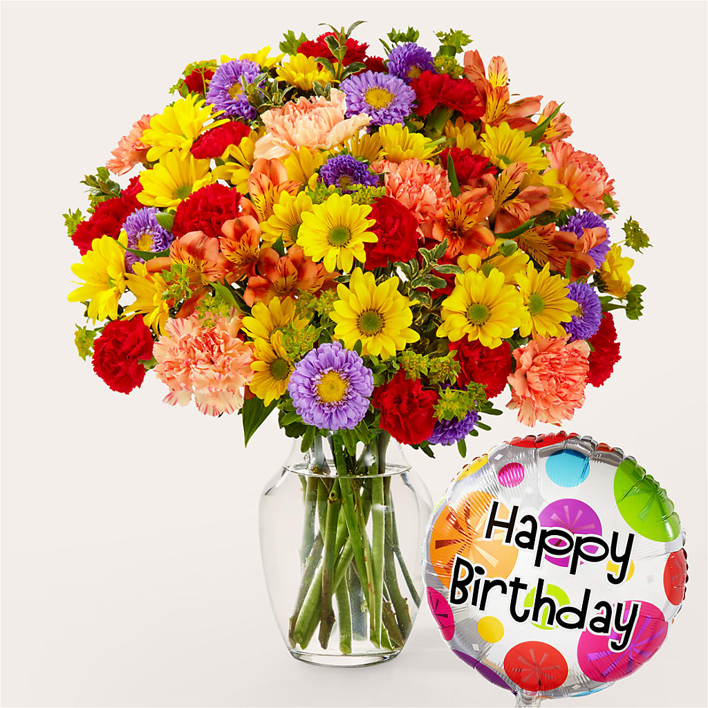 Kaleidoscope Bouquet with Birthday Balloon – KEITH'S FLOWER SHOP, Mount Gilead OH