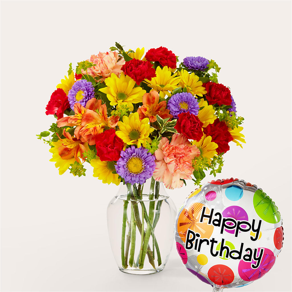 Kaleidoscope Bouquet with Birthday Balloon – KEITH'S FLOWER SHOP, Mount Gilead OH