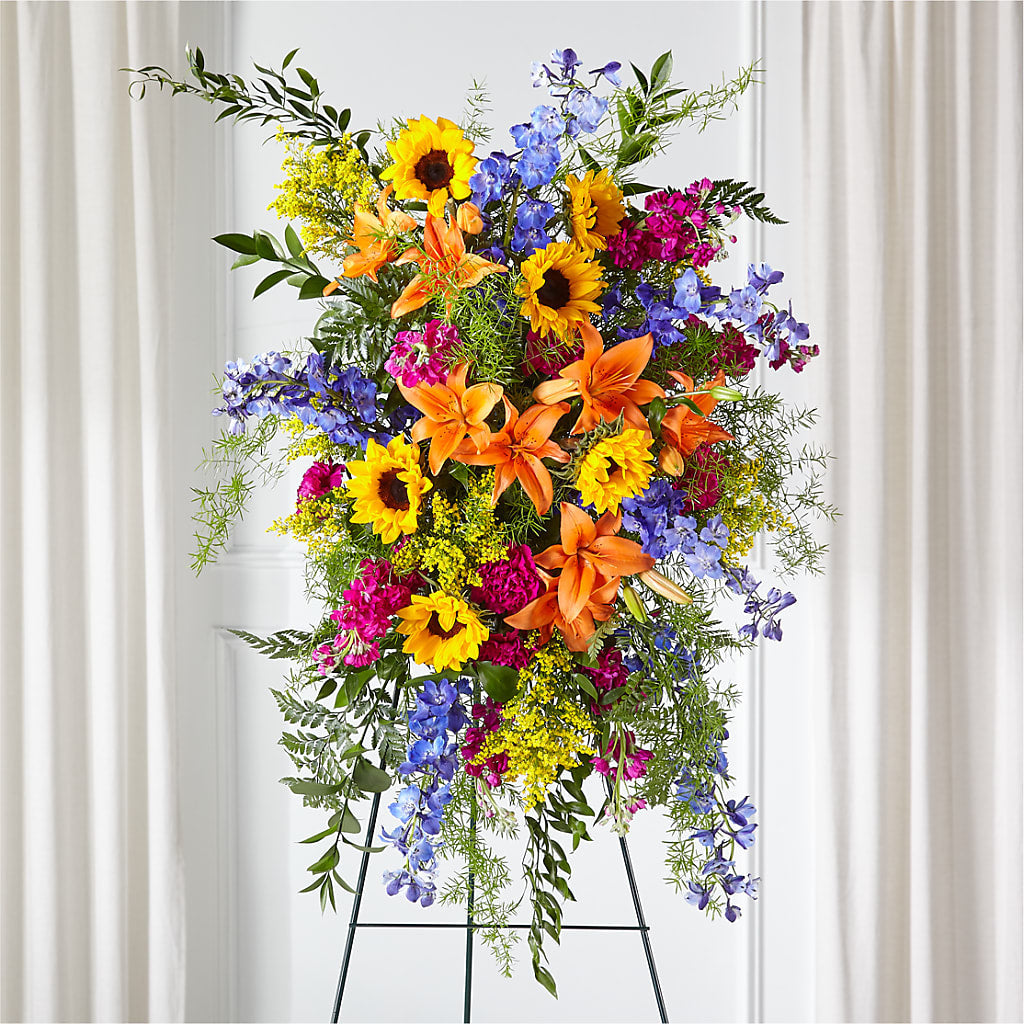 Sunlit Memories Standing Spray (Standard) – KEITH'S FLOWER SHOP, Mount Gilead OH