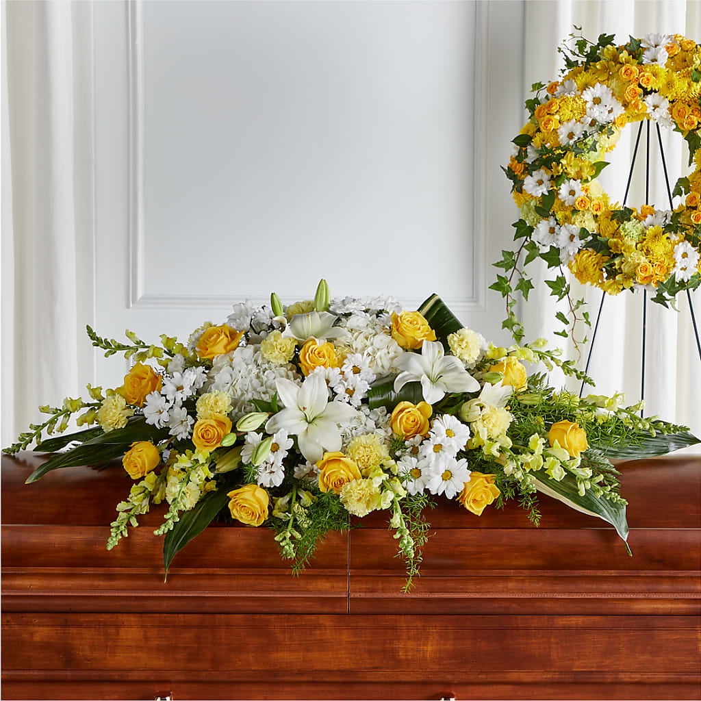 Golden Harmony Casket Spray – KEITH'S FLOWER SHOP, Mount Gilead OH
