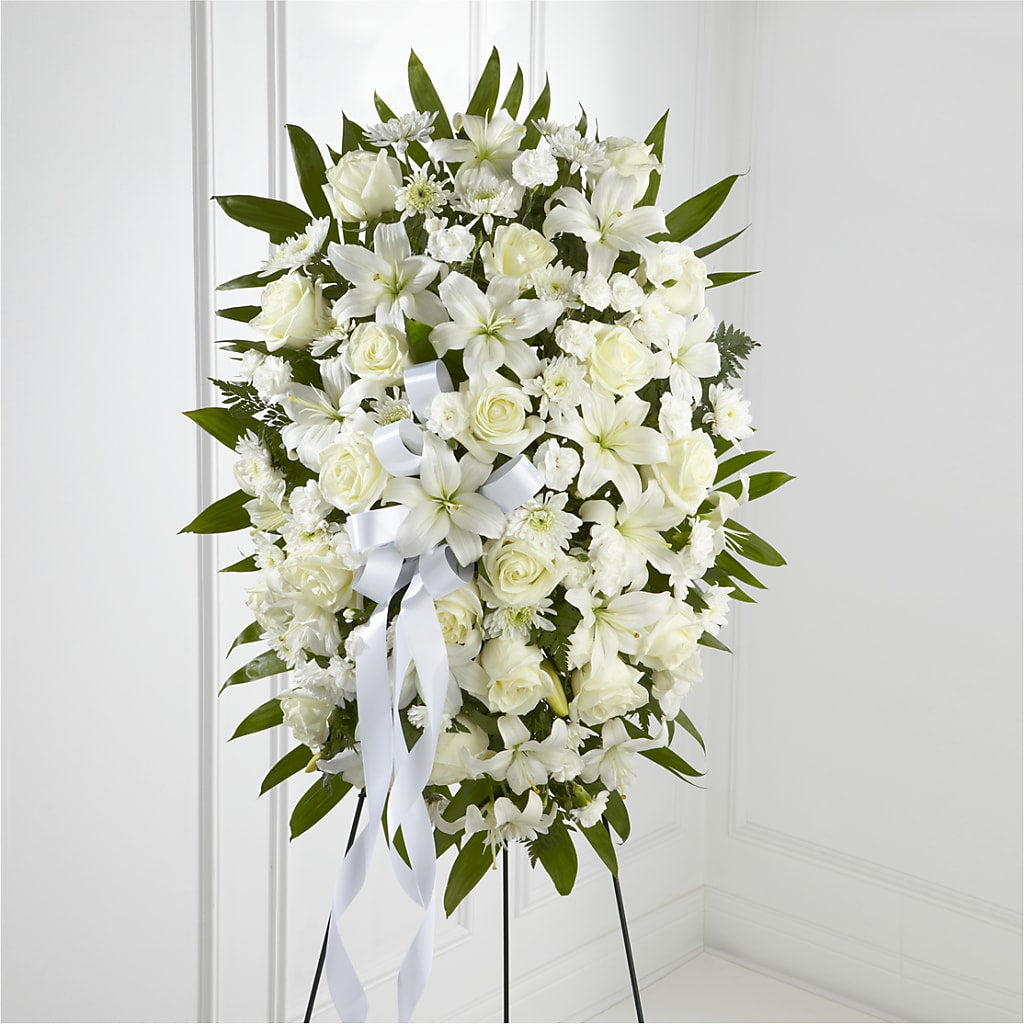 Exquisite Tribute Standing Spray-White Ribbon – KEITH'S FLOWER SHOP, Mount Gilead OH