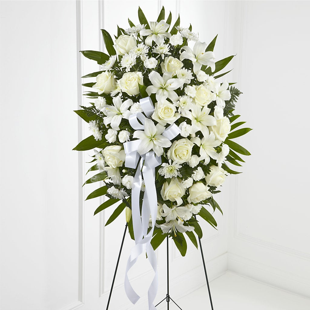 Exquisite Tribute Standing Spray-White Ribbon – KEITH'S FLOWER SHOP, Mount Gilead OH